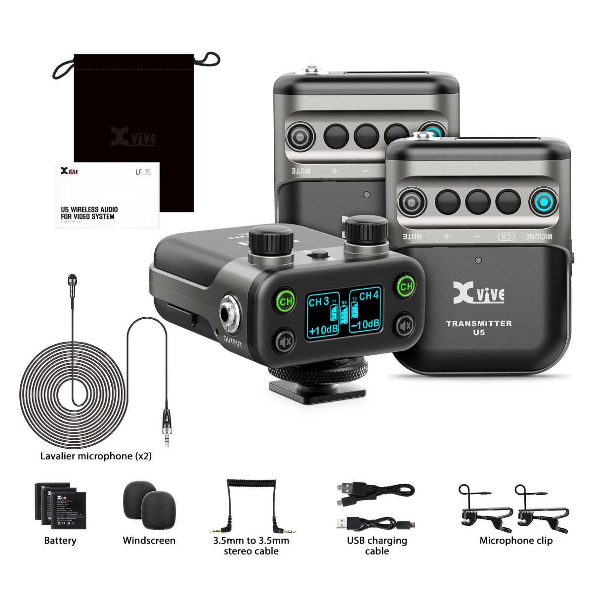 XVIVE U5T2 LAVALIER - Sistema wireless digitale con doppio trasmettitore per camera DSLR o Broadcast