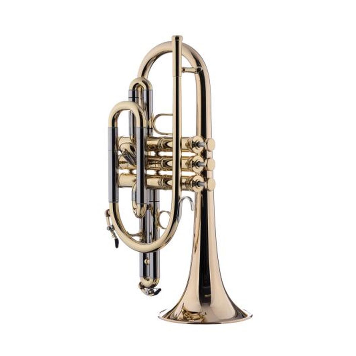 SCHAGERL 1961 CORNETTE Bb CAMPANA GOLDBRASS, YB LEADPIPE & MAIN. SLIDE,LAQUERED